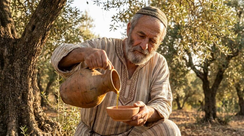 Elderly Jewish man pouring olive oil from jug in grove.