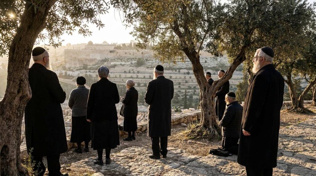 Jewish pilgrims praying among olive trees at Mount of Olives.