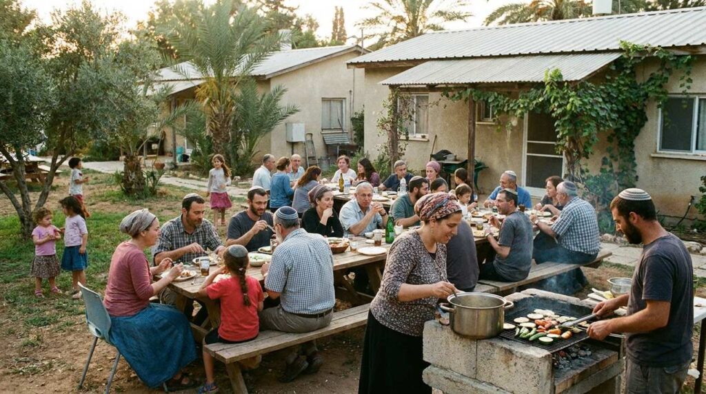 Group of people cooking and dining outdoors in a kibbutz.