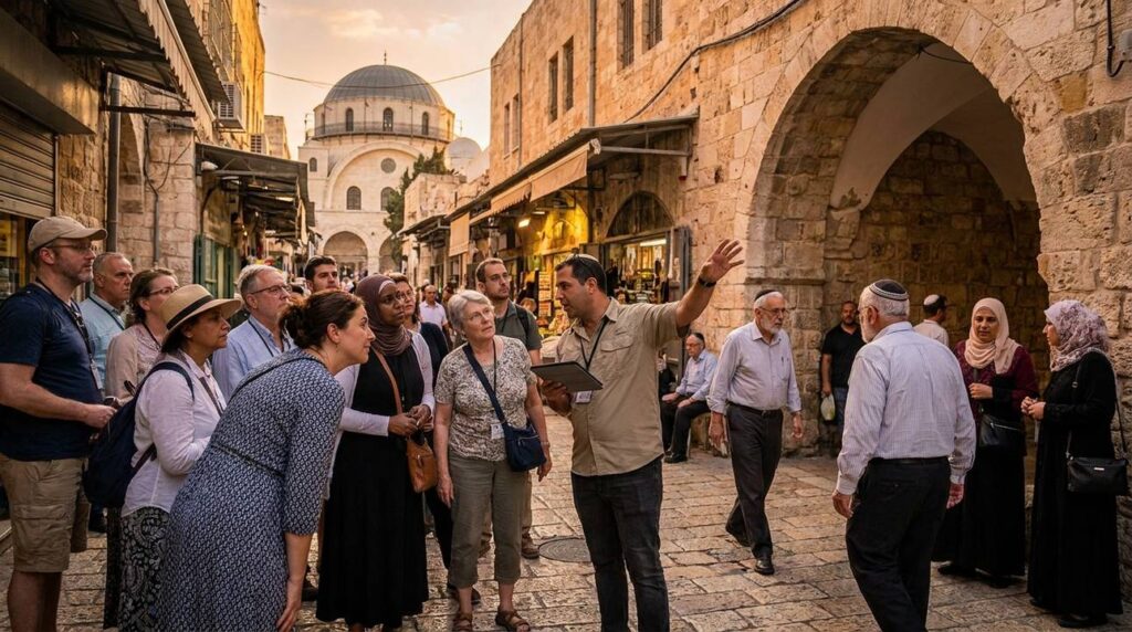 Diverse group of tourists listening to a guide in Jerusalem's Old City.