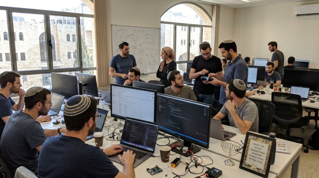 Israeli tech startup office in Jerusalem with workers wearing kippahs.
