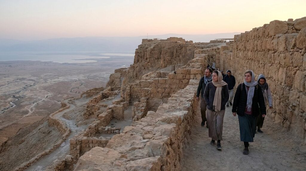 Visitors explore Masada ruins at dawn, with distant Dead Sea view.