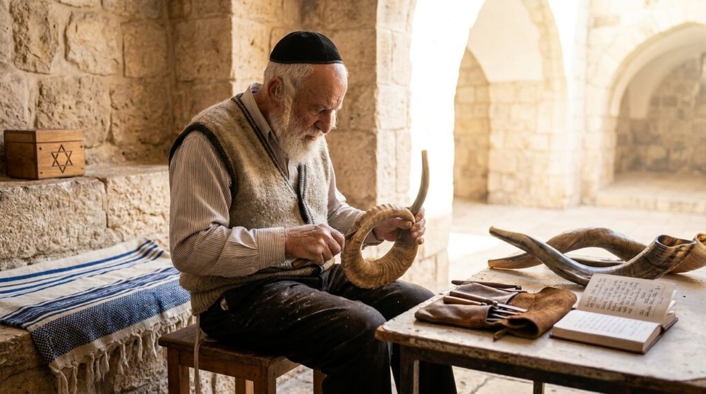 Elderly Jewish man in kippah crafting shofar in Jerusalem's old city.