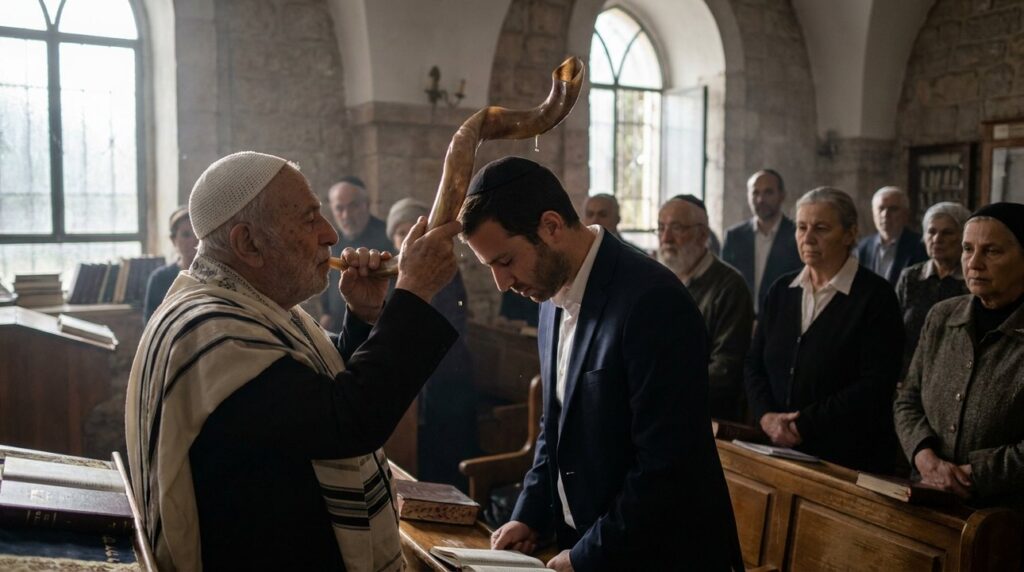 Elder anointing young man in synagogue, community members watching.
