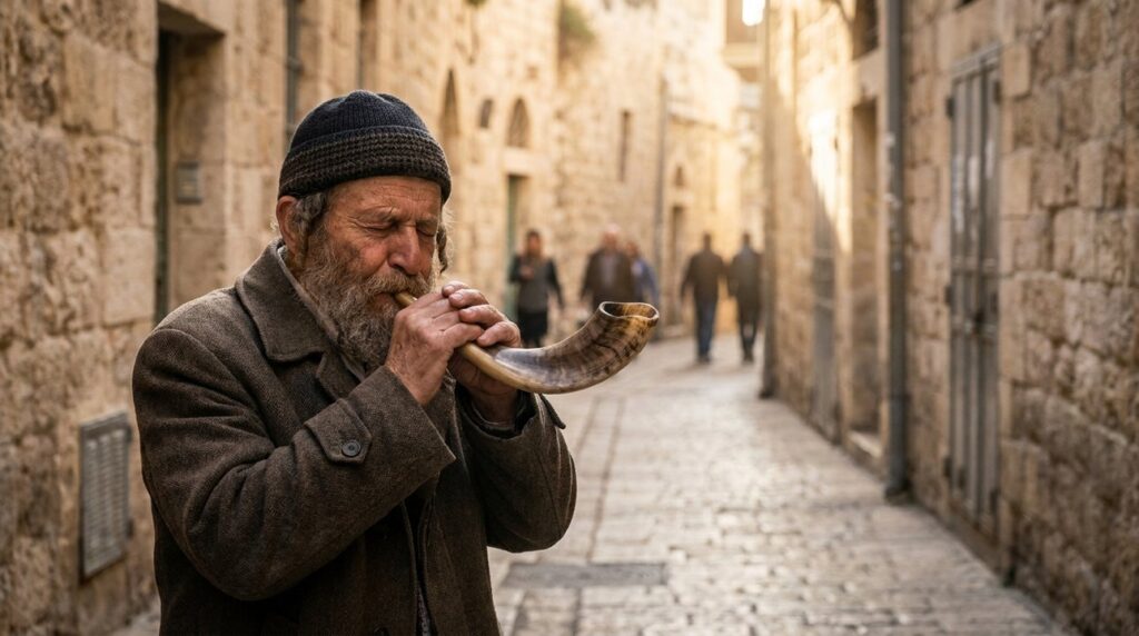 Elderly Jewish man in yarmulke blowing shofar in Jerusalem street.