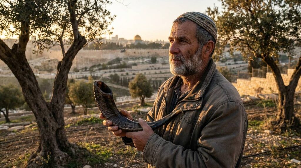 Mature man in kippah holding shofar in Jerusalem olive grove.