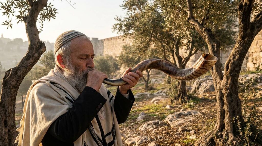Elderly Jewish man blowing a shofar in an olive grove.
