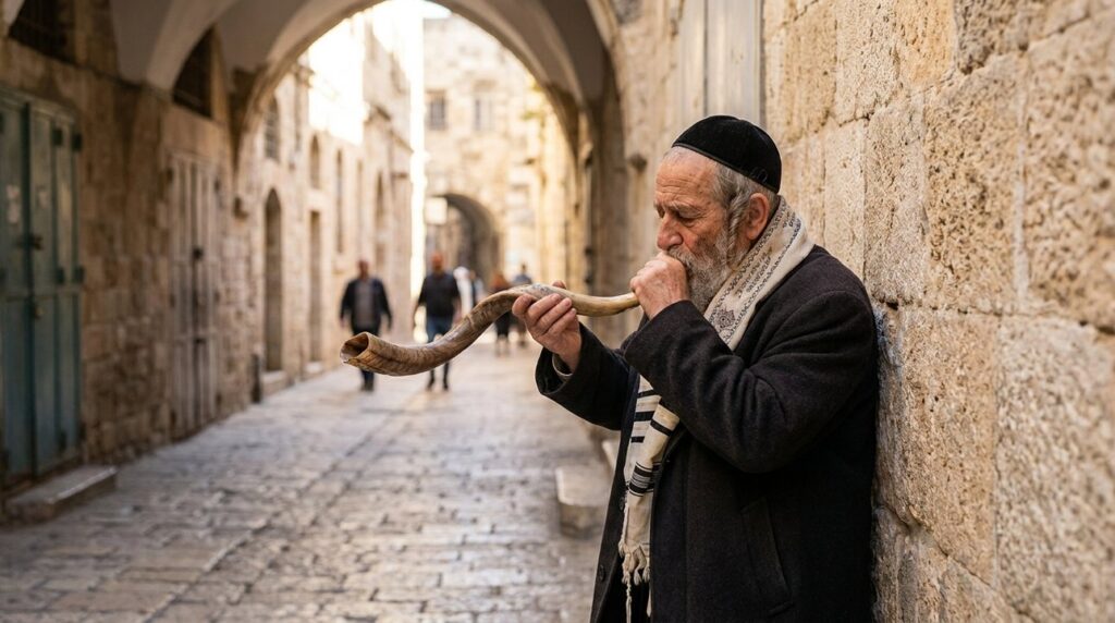 Elderly Jewish man blowing a shofar in sunlit Jerusalem street.