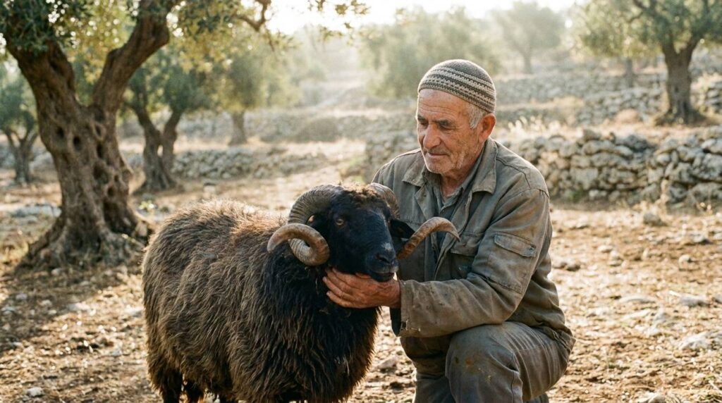 Elderly man in kippah holding a ram in an olive grove.