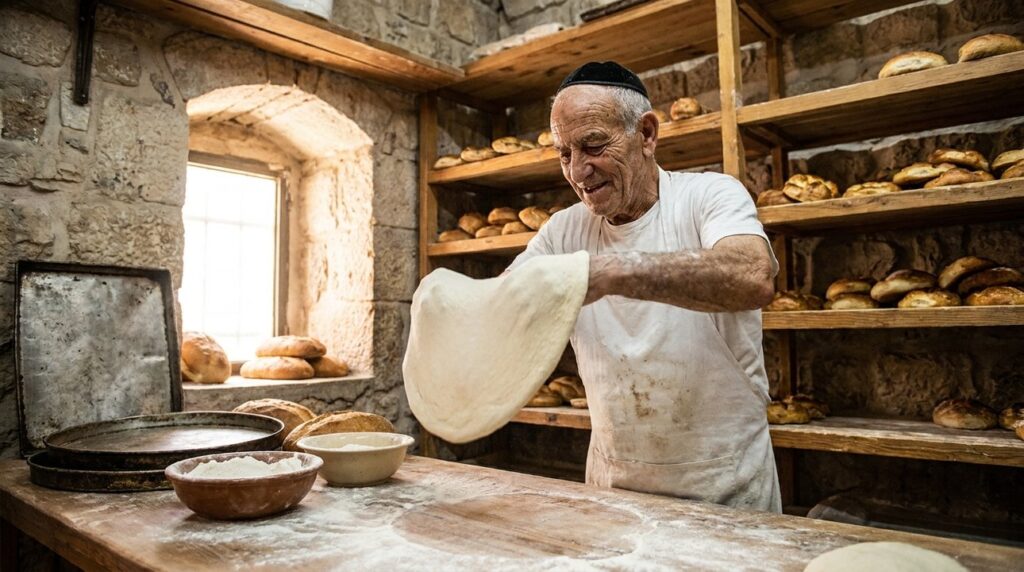 Elderly Jewish baker prepares Laffa bread in traditional Jerusalem bakery.