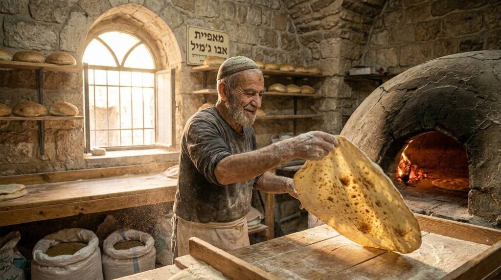 Elderly Jewish baker in Jerusalem making laffa bread in bakery.