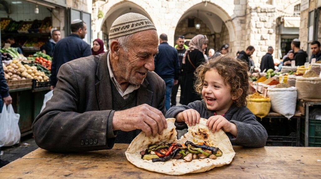 Elderly man and child eating laffa in a busy Israeli market.