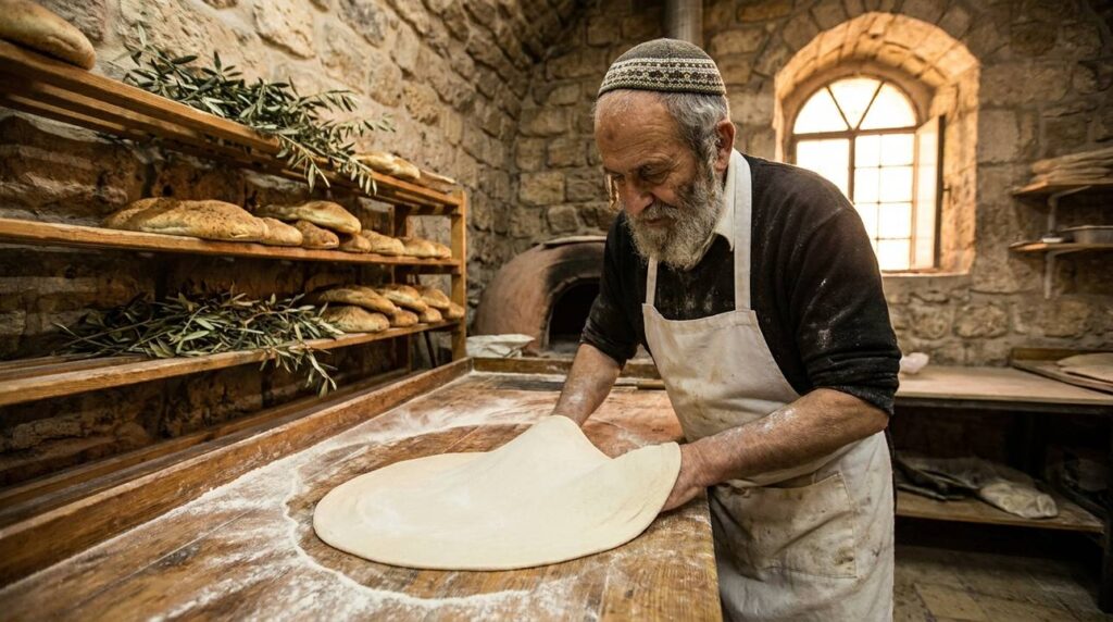 Elderly Jewish man in Jerusalem making laffa bread in a bakery.