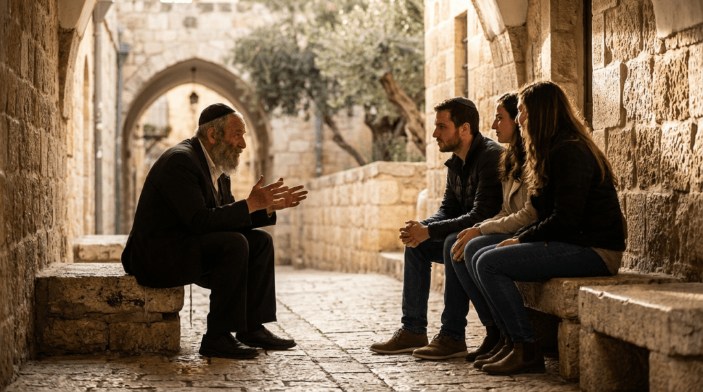 Elderly Jewish man with kippa talking to young adults in Jerusalem alley.