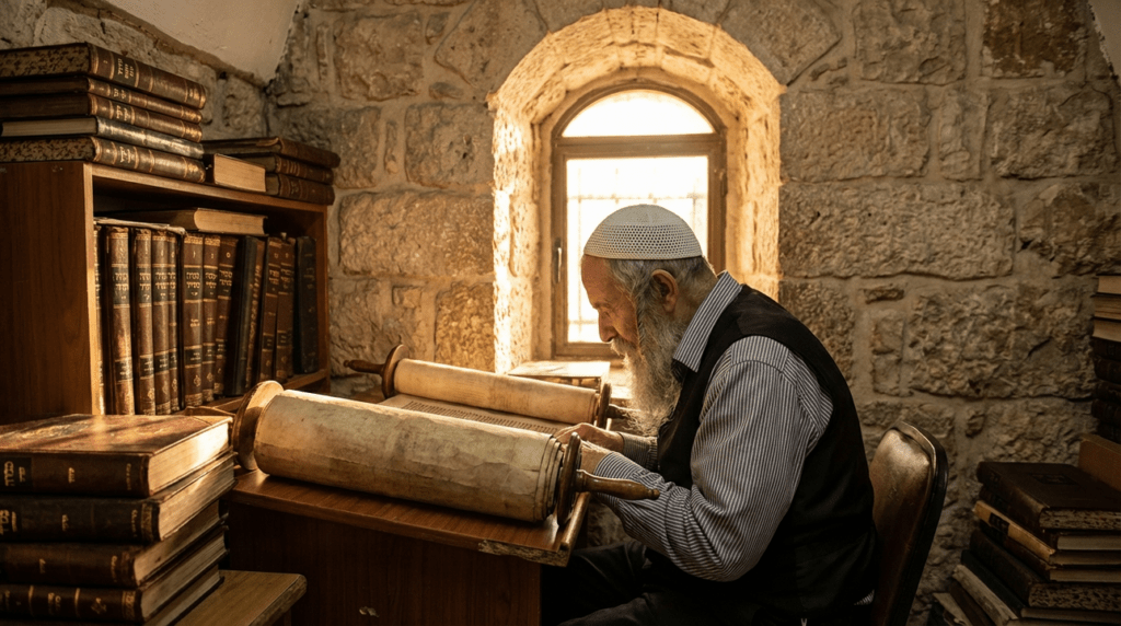 Elderly Jewish man reading Torah in a stone-walled synagogue.