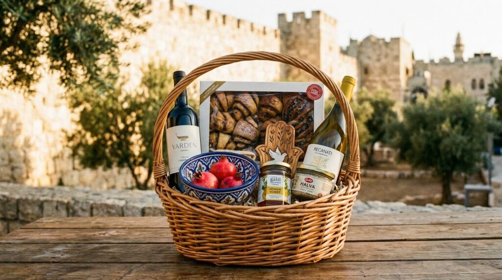 Image illustrating: Wicker basket with wine, pastries, honey, pomegranates, halva, outdoors.