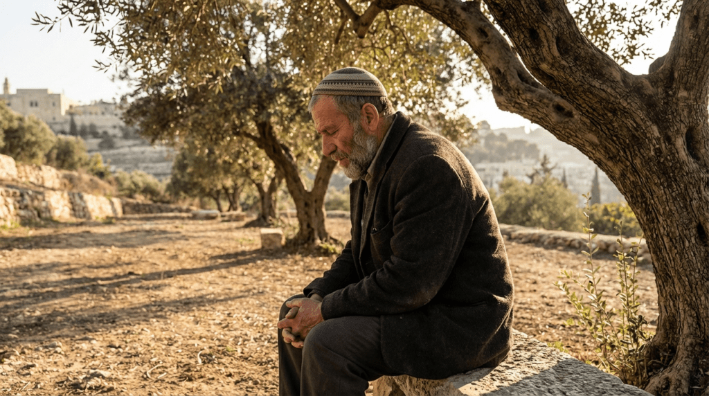 Man in traditional Jewish attire sits under olive tree, reflecting.