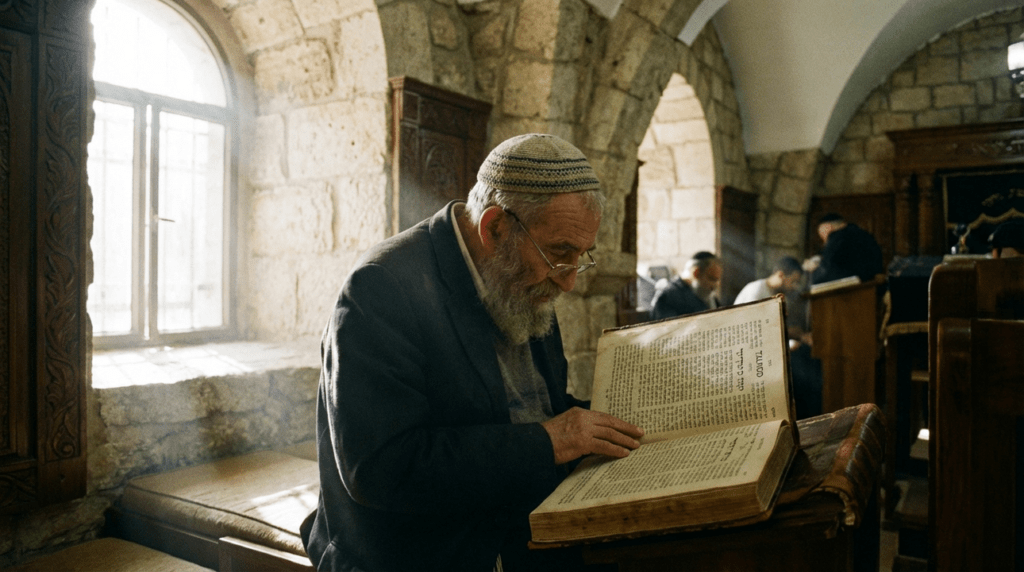 Elderly Jewish man in kipa reading Talmud in stone synagogue.