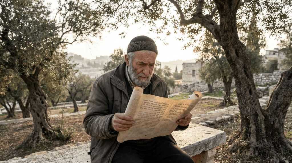 Elderly Jewish man in kippah reading scroll in olive grove.