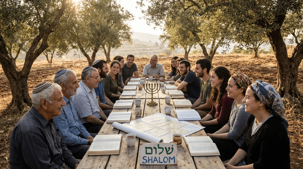 Diverse group discussing at a table in an Israeli olive grove.