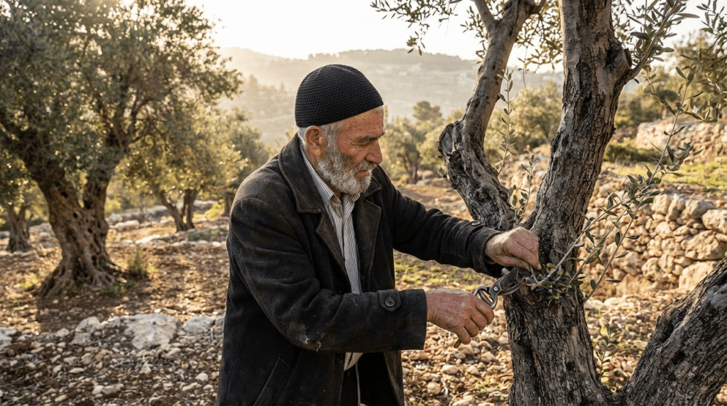 Elderly man in traditional Jewish attire pruning an olive tree.