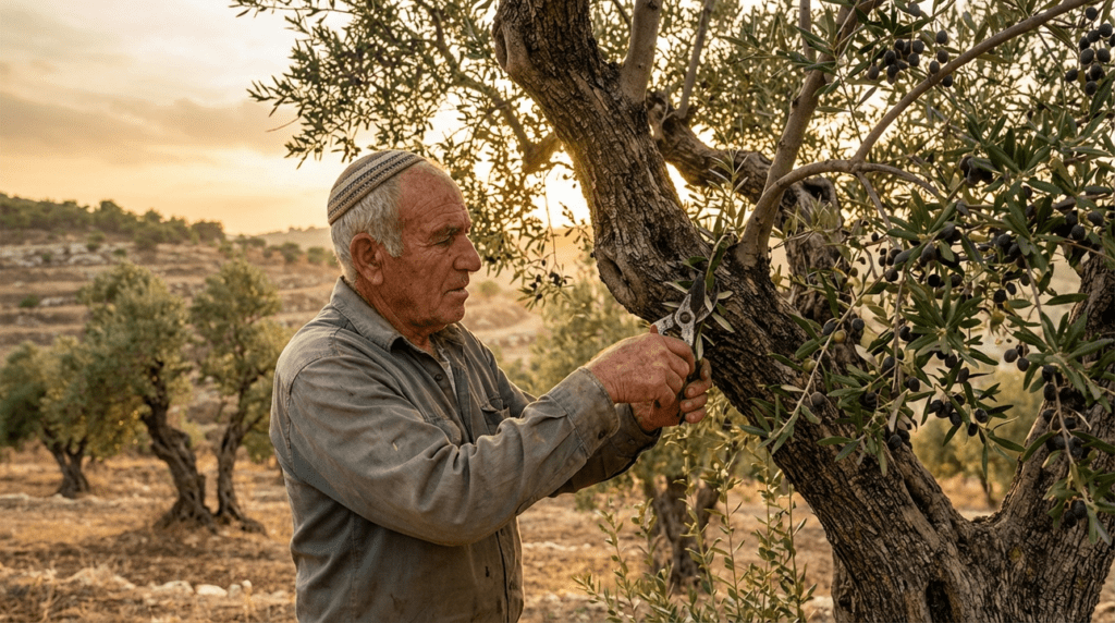 Elderly Jewish man pruning an olive tree in Israel at sunset.