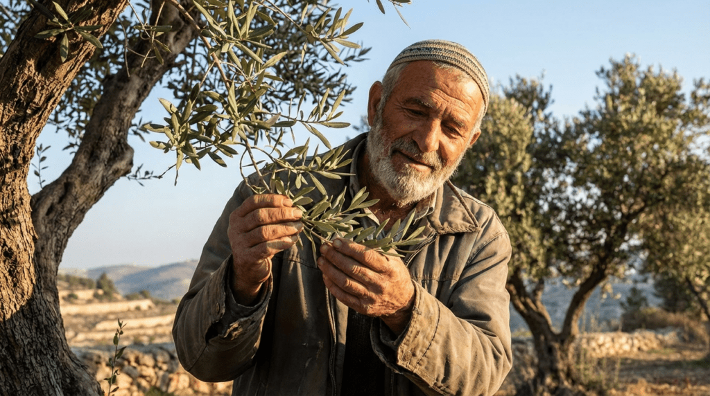 Elderly Jewish man in kippah holding olive branch in grove.