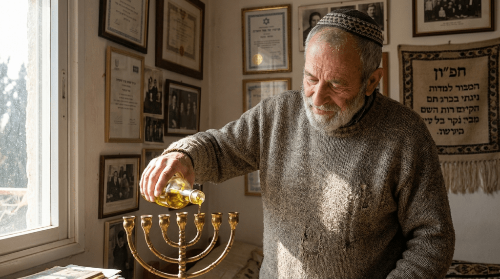 Elderly Jewish man pouring olive oil into a traditional menorah.