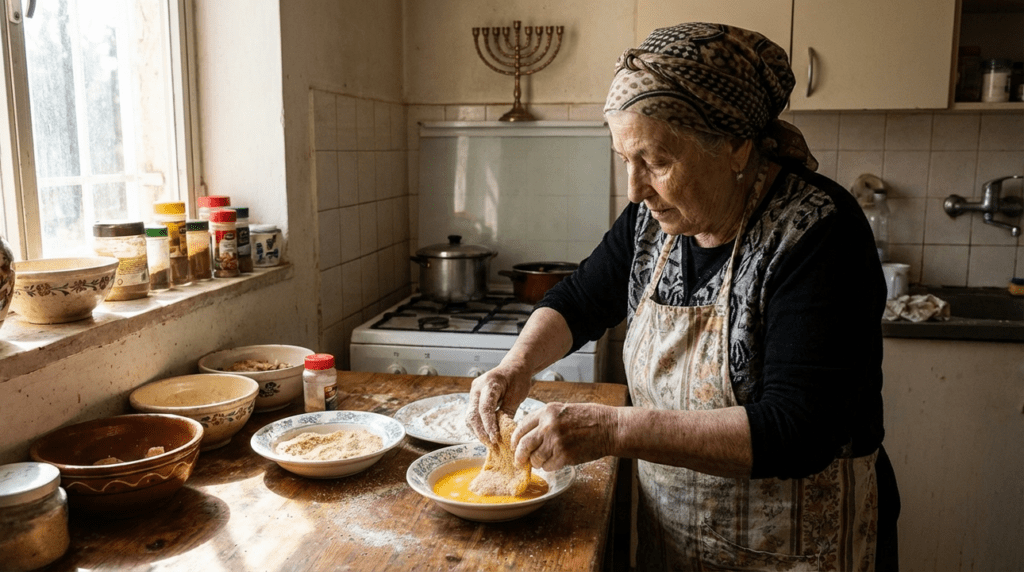 Elderly Jewish woman preparing schnitzel in a traditional kitchen.