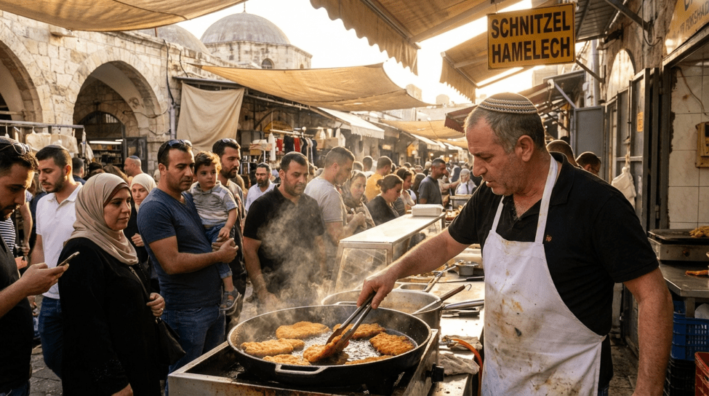 Middle-aged Jewish man frying schnitzel at a bustling Jerusalem market.