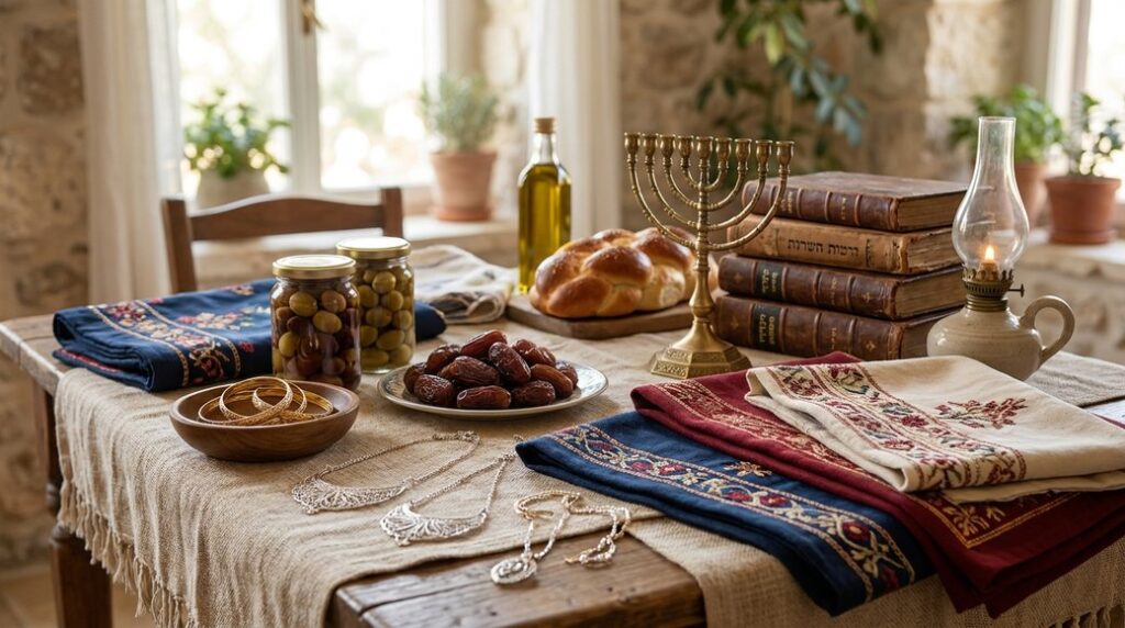 Image illustrating: A rustic table with traditional items and decorative artifacts.