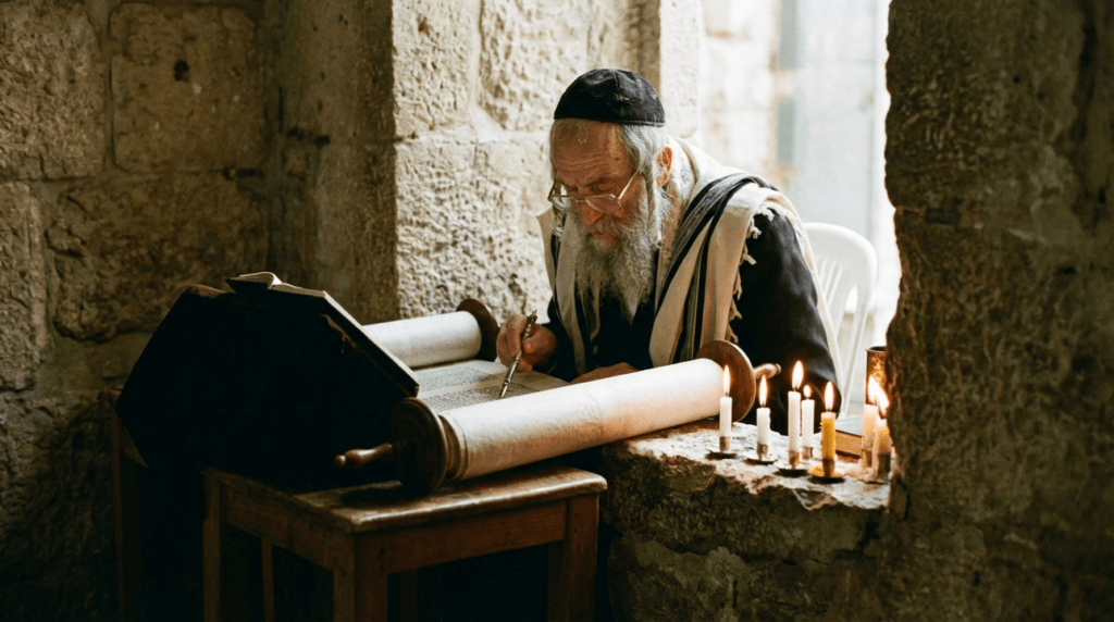 Elderly Jewish man reading the Torah by candlelight in Jerusalem.