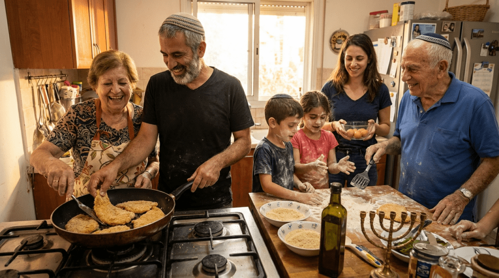 Family cooking schnitzel in kitchen with menorah, lively and engaged.