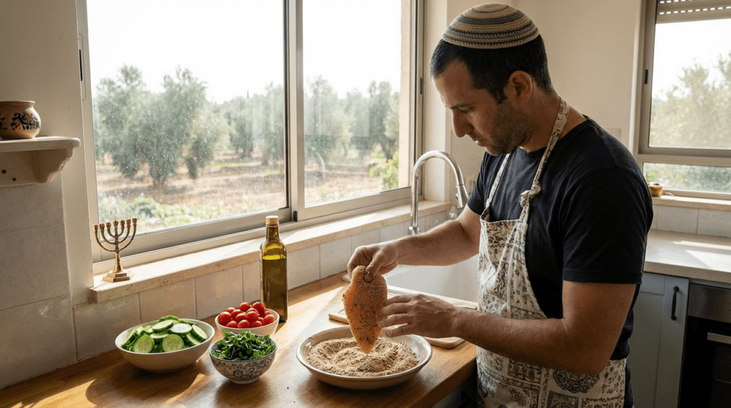 Israeli chef prepares healthy schnitzel in a culturally styled kitchen.