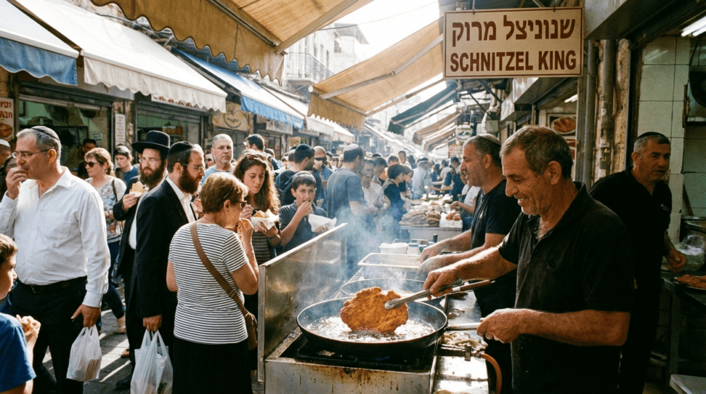 Street food vendor prepares schnitzel at busy Tel Aviv market.