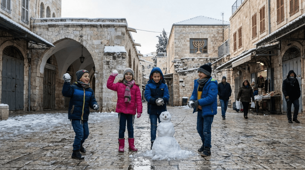 Children playing with snowballs in snowy Jerusalem street.