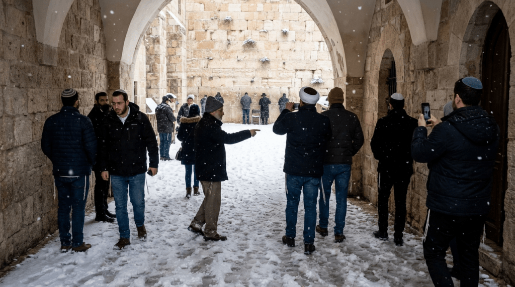 Snow covers Jerusalem's Old City streets with people near Western Wall.
