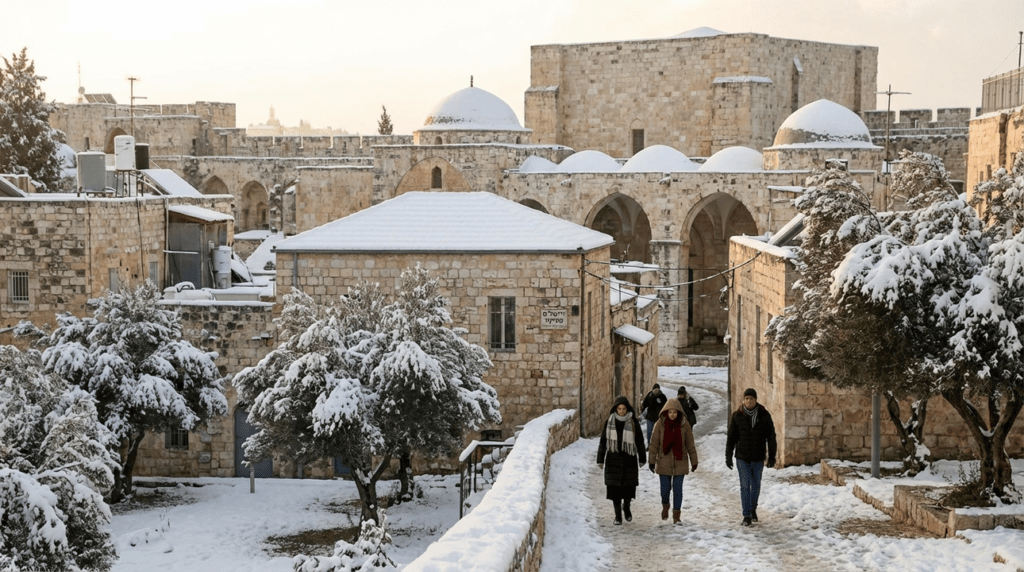 Snow covers Jerusalem landscape with ancient architecture in background.