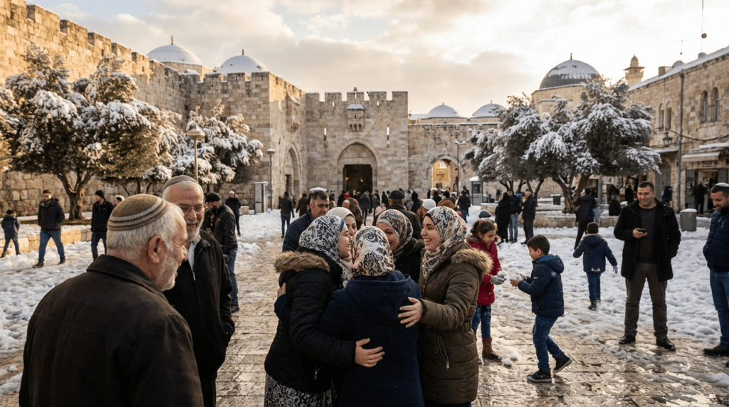 Jerusalem residents gather in snow-covered ancient city at sunset.