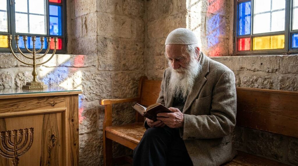 Elderly Jewish man in synagogue, contemplating with prayer book.