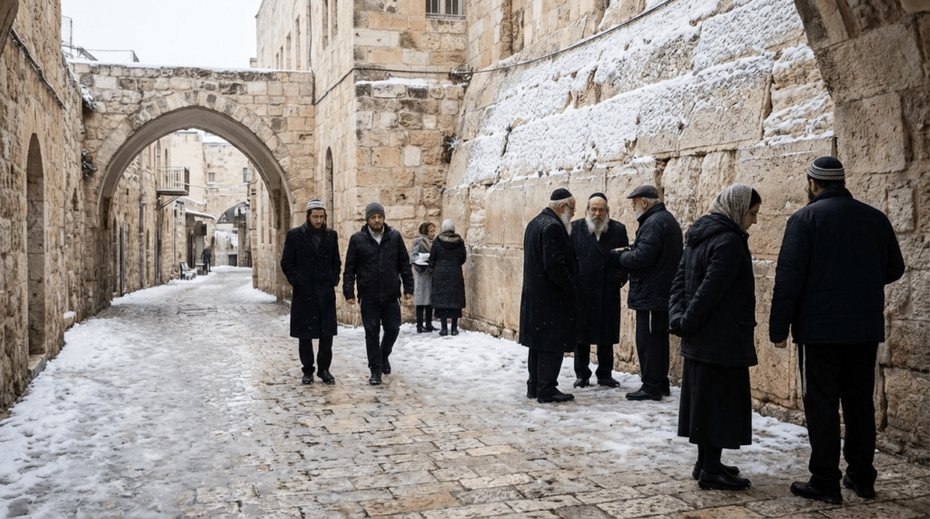 Snow-covered ancient street in Jerusalem with locals in traditional attire.