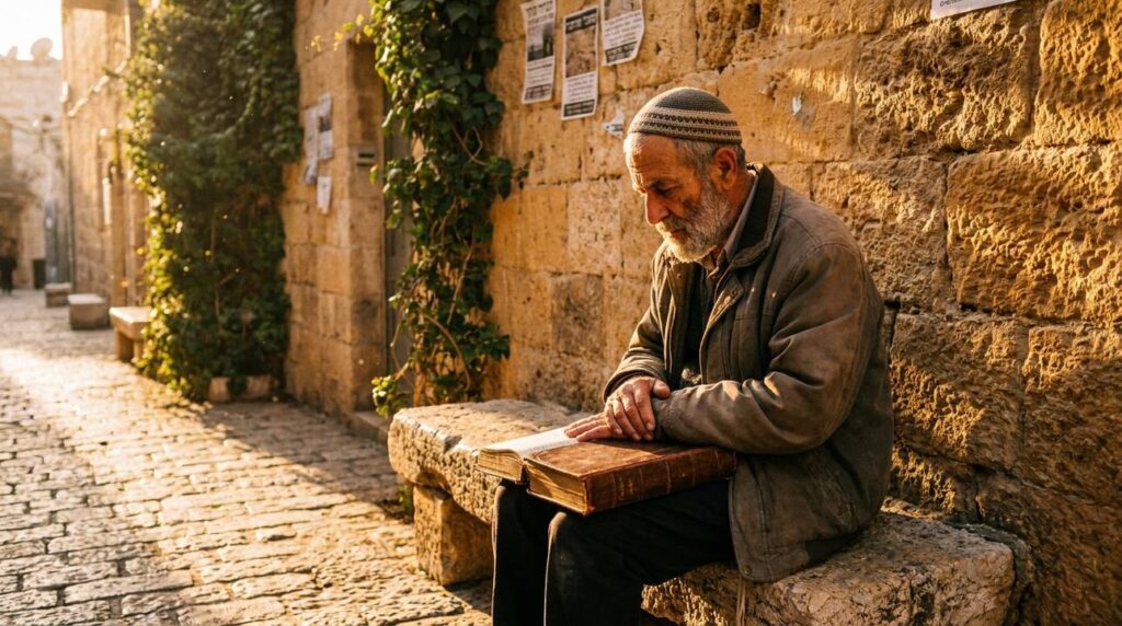 Elderly man wearing a kippah reads a book on stone bench.