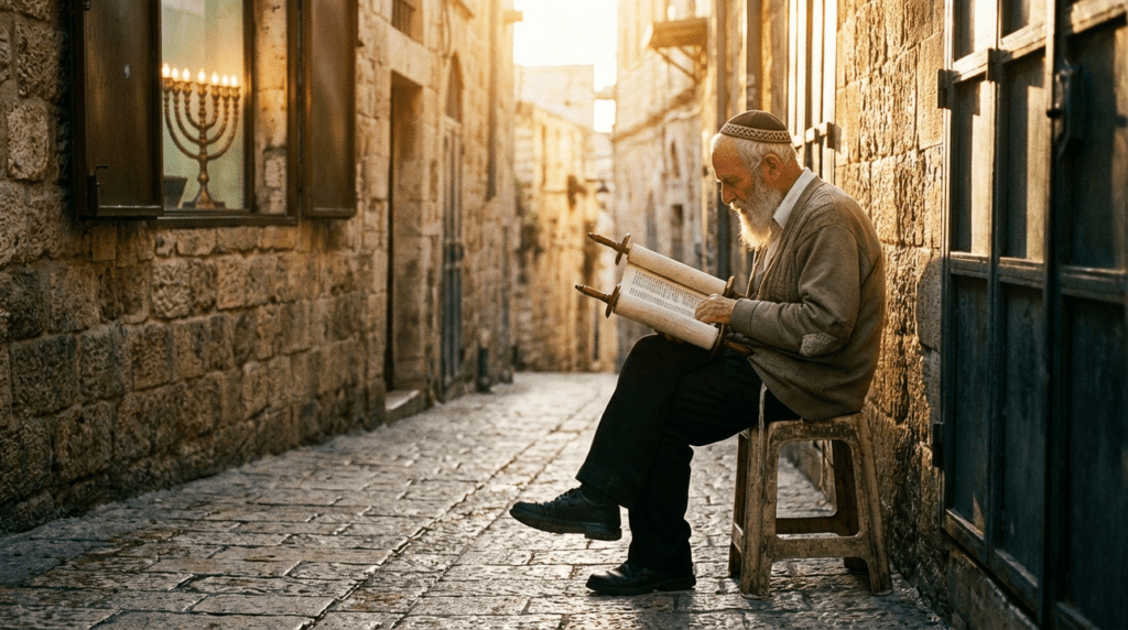 Elderly man reads Torah in a sunlit Jerusalem alley.