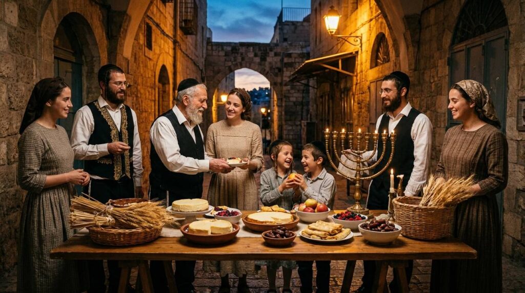 People in traditional attire celebrating Shavuot around a decorated table in a Jerusalem alley.