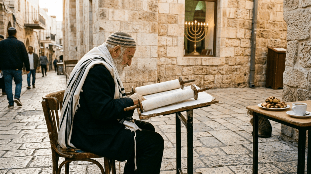 Elderly man reads Torah outside a stone synagogue in Jerusalem.
