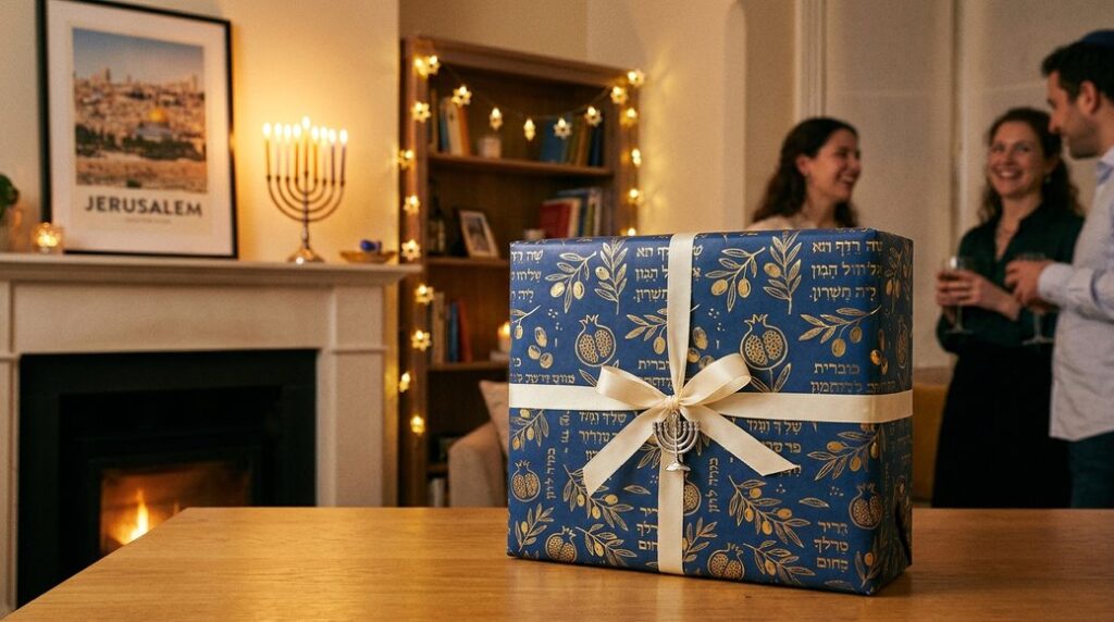 Image illustrating: A beautifully wrapped gift with people celebrating in background.