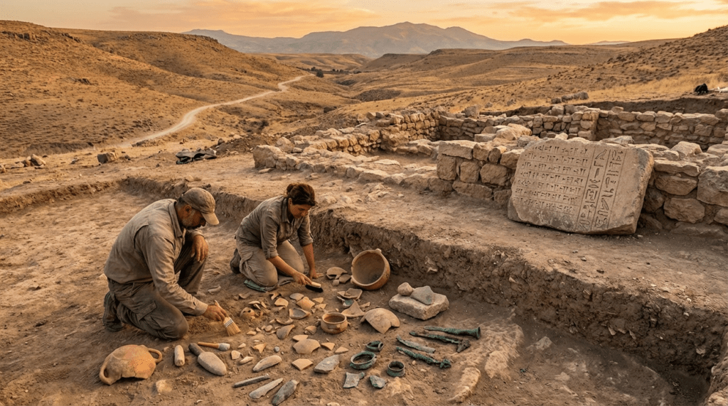 Archaeological site in Anatolia with ancient artifacts and rugged landscape.