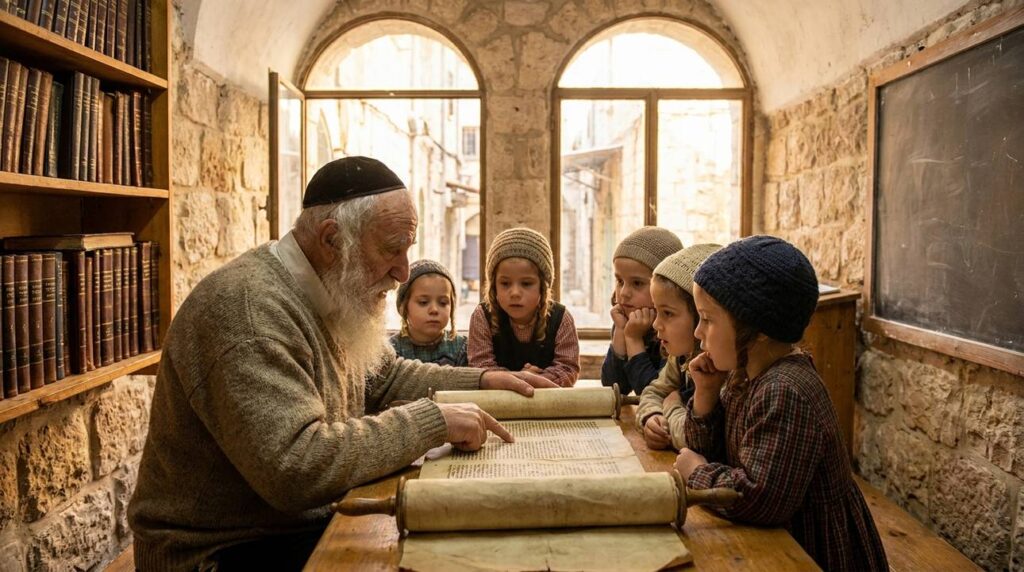 Elderly Jewish man teaching children in a sunlit study room.