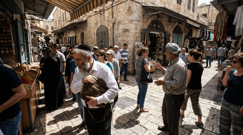 Crowded Jerusalem street with diverse people and distinctive stone buildings.
