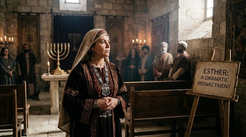 Queen Esther in traditional attire stands in an ornate synagogue, menorah visible.